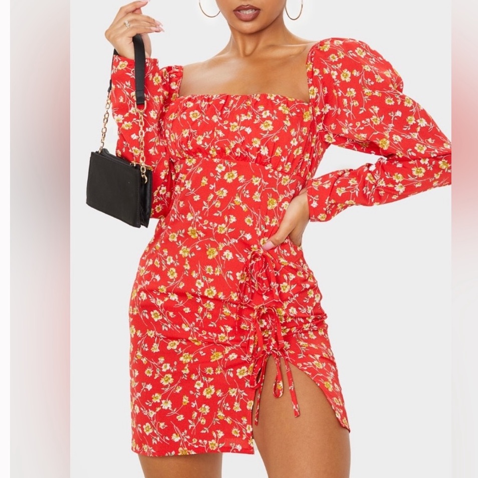 Pretty Little Thing Red Floral Side Tie Summer Long Sleeve Milkmaid Dress